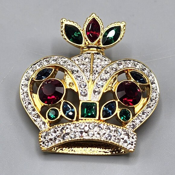 Ciro Crown Pin Brooch Christmas Jewelry Red Green Rhinestones Holiday Royal - Picture 1 of 11